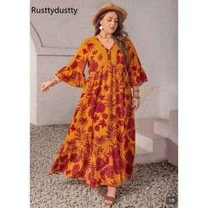 Rusttydustty Bohemian Style Plus Size Female Flower V-Neck Loose Dress 4xl